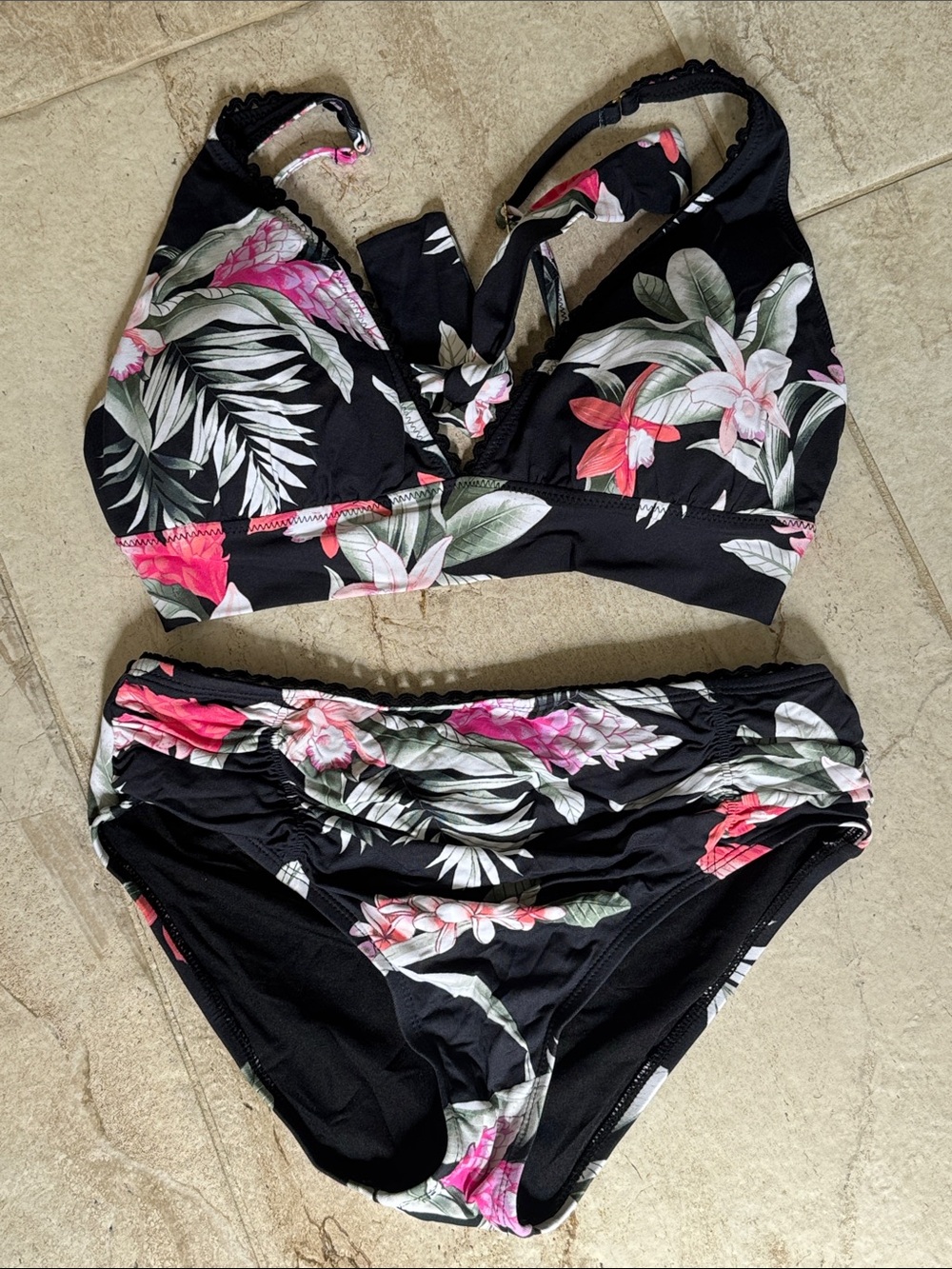 Tommy Bahama Black Floral Bikini Set with Pink & Green Accents